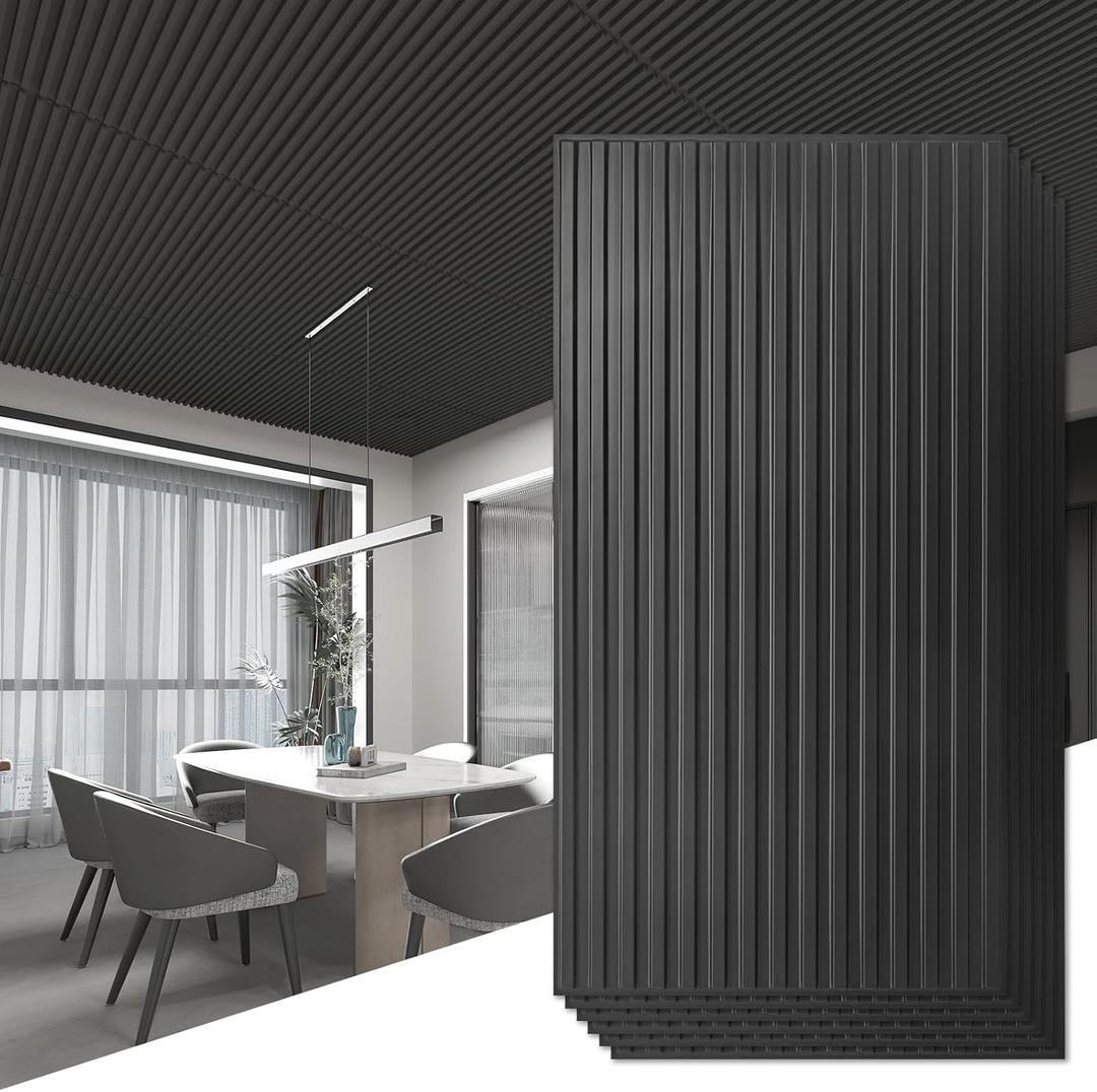 Art3d 6-Pack Slat Design 3D Wall Panels for Interior Wall Decor, 2x4 FT PVC Decorative Drop Ceiling Tiles - Black (24 x 48in., Oblong - Black)