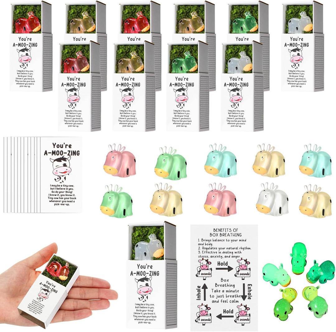Wonderjune 36 Sets Valentines Appreciation Gifts for Coworkers Luminous Positive Emotion Pocket Hug Cow with Inspirational Card Bulk Desk Support Pet for Employee Teachers Staff Nurse Office