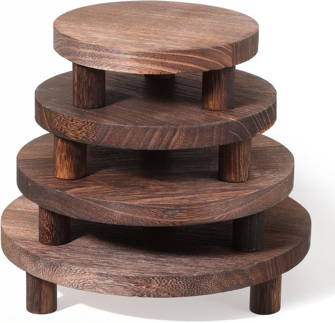 4 Pcs Round Wooden Risers for Display, Wood Pedestal Stand Mini Tiered Tray Stand Rustic Wooden Riser Holder for Home Decor Kitchen Counter, 4 Size(Brown)