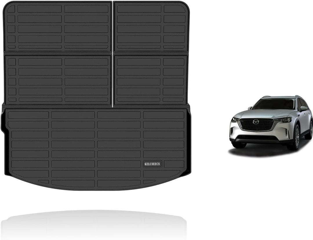 KELCSEECS All Weather Cargo Liner for 2025 Mazda CX-90 & 2024 Mazda CX90 PHEV (Plug in Hybrid) 7&8 Seater TPE All Weather Car Trunk Mats Waterproof Non-Slip 60/40 Split Folding Rear Seat