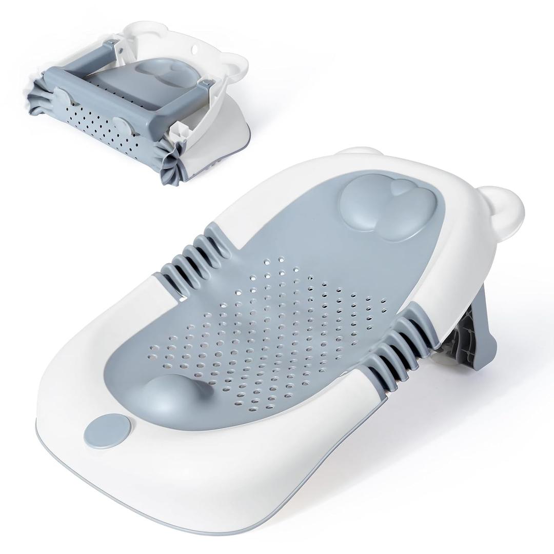 Orzbow Baby Bath Support, Foldable Newborn Bathtub 0-6 Months, Non-Slip Soft Baby Bath Tub with Suction Cups, Ergonomic Design, Newborn Infant Essentials Must Haves, Gray