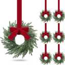 6 Pcs Small Christmas Norfolk Wreaths Evergreen 12.6 Inch Christmas Kitchen Cabinet Mini Wreaths Real Touch with Bow and Burgundy Ribbon for Xmas Front Door Window Home Table Pillar Decor