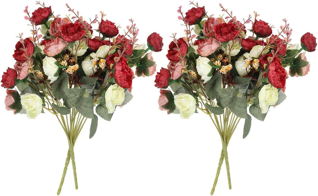 PATIKIL 7 Branch 21 Heads Artificial Silk Mini Rose with Stem, 4 Pack Fake Flowers Leaf Rose Decor Bouquet for Wedding Home Office Decoration, Red