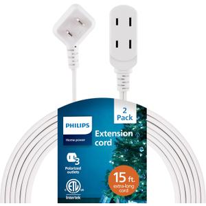 Philips 2-Pack Indoor Extension Cord Power Strip 15 ft, Flat Plug with Multiple Outlets, 2 Prong, White, ETL Listed, SPS3185W/37