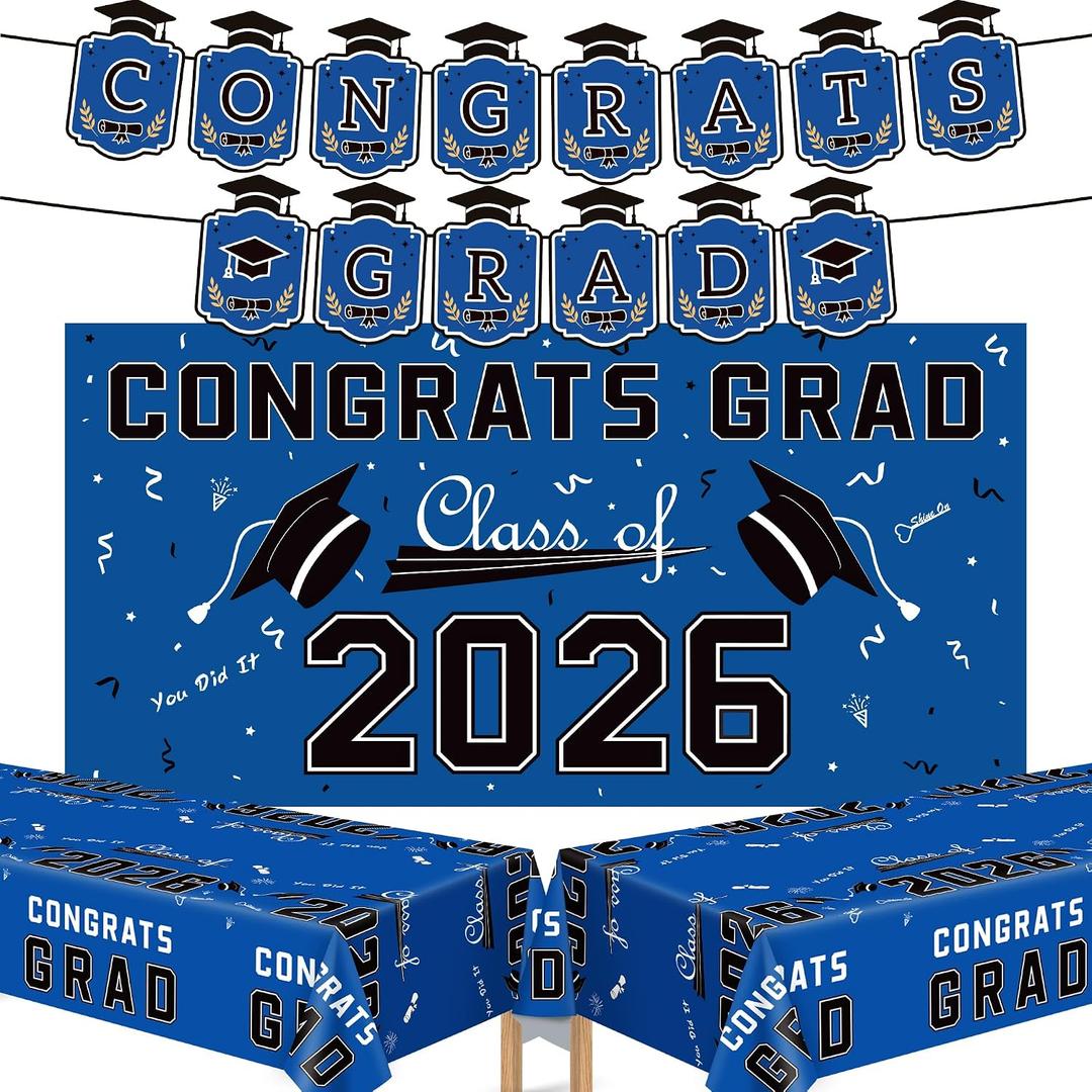 2 x Graduation Decorations 2026 2027 - Blue Congrats Grad Banner Backdrop Tablecloth Set - Graduation Decorations Class of 2026 | Graduation Party Favors Supplies
