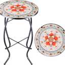 Arbuxzuy 12 Inch Small Outdoor Side Table with Pink Flower, Glass Mosaic Patio Table Indoor, Round Plant Coffee Table for Living Room, Balcony, Garden