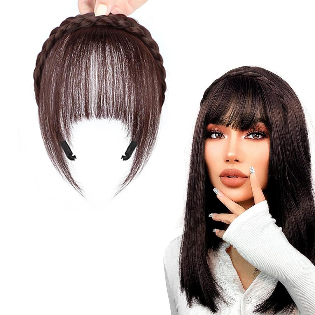 Wig with Bangs and Sideburns Trendy Braided Headband Hair Accessories Braid Headband for Women Hair Extensions Bangs Girls Braided Wigs (Dark Brown)