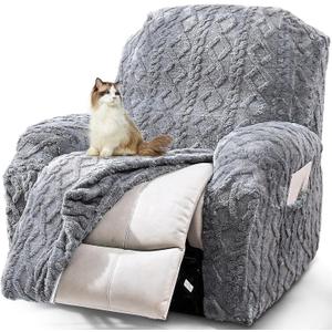 JOKIVTOU Recliner Chair Covers 4-Pieces Reclining Chair Slipcovers with Pocket& Elastic Bottom, Soft Feel Fitted Lazy Boy Sofa Couch Cover Washable, Stretch Recliner Furniture Protector (1 Seater, Grey)