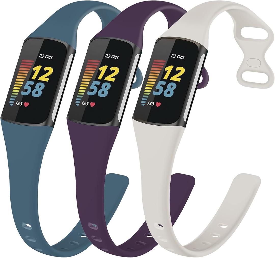 TopPerfekt Slim Bands Compatible with Fitbit Charge 6 Women Men, Adjustable Soft Silicone Sport Replacement Watch Band Straps Wristbands Bracelet for Charge 5 Activity Tracker