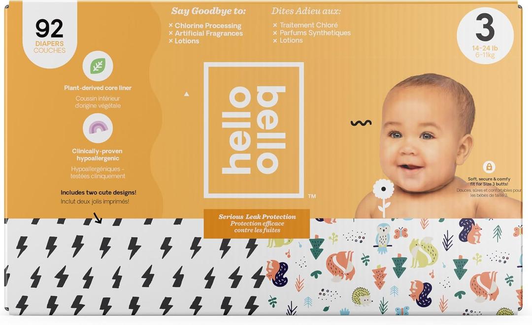 Hello Bello Diapers, Size 3 (14-24 lbs), 92 Count of Premium Disposable Baby Diapers in Bolt Babes and Woodland Animals Designs, Hypoallergenic with Soft, Cloth-Like Feel (Multicolor)
