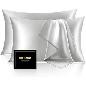 INFIIXSO Silk Pillow Cases 2 Pack Standard Size, Ultra Smooth & Soft Mulberry Silk Pillow Case for Hair and Skin, Breathable Cooling Silk Pillowcase with Hidden Zipper (Light Grey, 20x26 Inches)