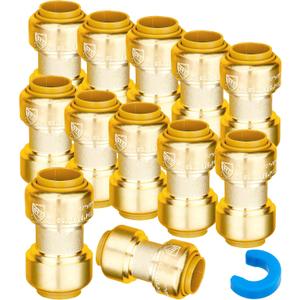 WHK 12 Pack 1/2" Push-to-Connect Plumbing Fittings,Straight Push Fittings 1/2 Pushfit Coupling Kit with Disconnect Clip,Brass Push Fit Connector for Copper, PEX, CPVC Pipe(