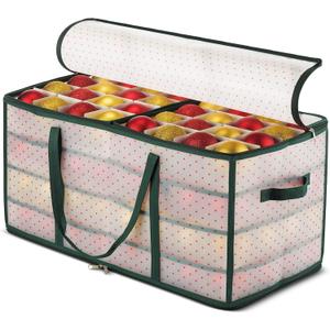 ZOBER Christmas Ornament Storage Box - Stores 128 Ornaments W/ 2 Sided Zipper - Flexible Plastic Christmas Ornament Storage Containers - 3 Inch Cube Compartments - Green