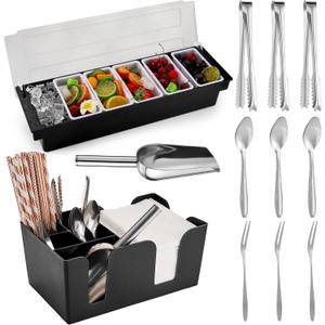 Tessco Garnish Tray with Lid Bar Caddy Ice Cooled Condiment Serving Container with Stainless Steel Ice Scoop 3 Metal Mini Serving Tongs 3 Fruit Fork 3 Spoons for Food Home Party Kitchen(6 Grids)