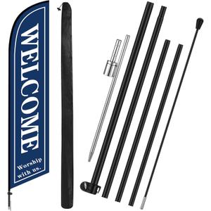 CroBlissful Church Welcome Worship with Us Flag Feather Banner 15ft Welcome Flag for Outside Feather Swooper Sign with Pole Kit and Ground Spike, Sanctuary Church Decorations