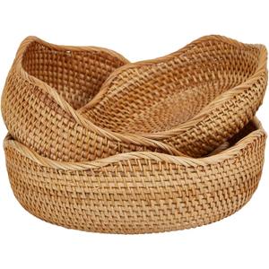 Natural Rattan Round Fruit Basket Bowls, Hand Woven Decor Serving Baskets, Wicker Storage for Dinning Room (Wave-Combo)