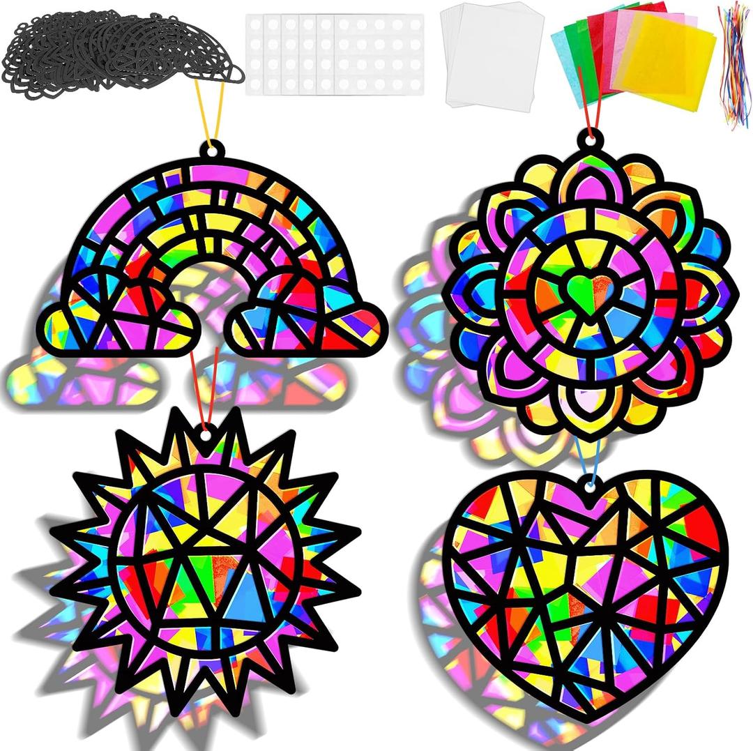 Lonfliness 32 Sets Spring Crafts Suncatchers Kit DIY Rainbow Window Stained Glass Effect Paper Decoration Back to Art Craft Creative Activity Project Party Favors