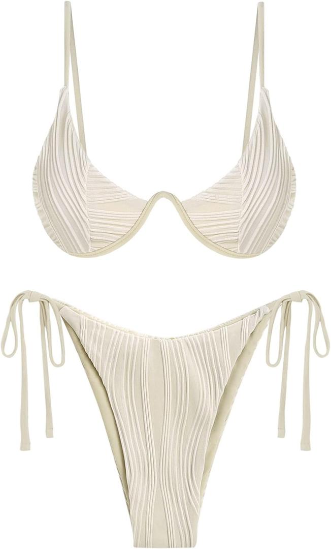 ZAFUL Women's Bikini Sets Ribbed Two Piece Swimsuits Underwire Adjustable Back Clasp Bathing Suit Side Tie Thong Swimwear (Beige) S