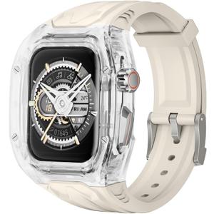 Delidigi Rugged Band and Case Compatible with Apple Watch Ultra 3 2 1 Series 11 10 9 8 7 6 5 4 SE 3 49mm 46mm 45mm 44mm 42mm, iWatch Sport Strap with Shockproof PC Frame Bumper for Men (Starlight Clear)