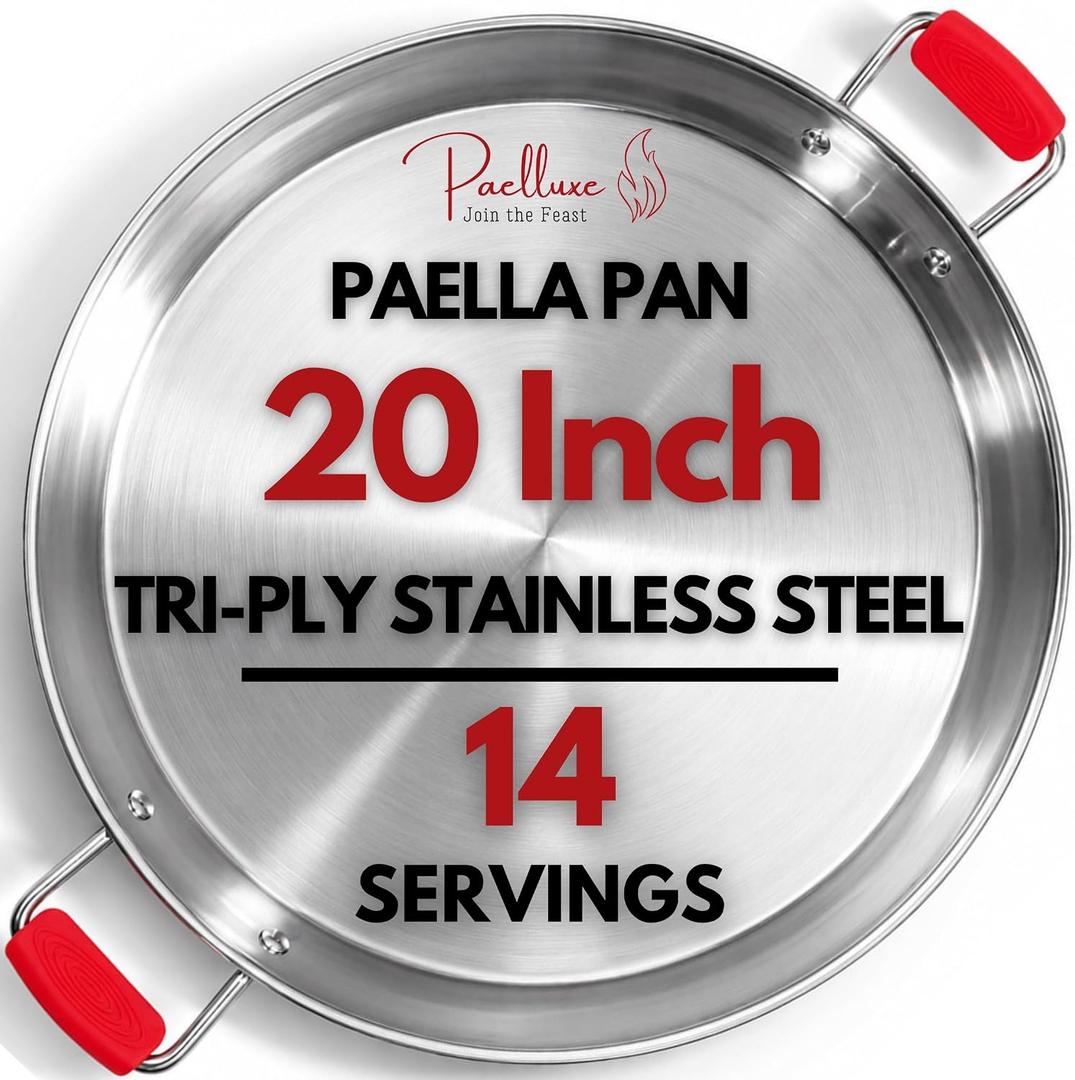 Paelluxe Stainless Steel Paella Pan 20 Inch (50 cm) – Large Tri-Ply Paellera for 14 Servings, Party Size, Induction & Oven Safe, Rust-Free No Seasoning, Spanish Paella Pan with Hot Handle Holders