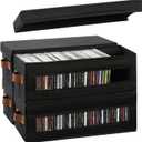 4 Packs CD Storage Box with Visible Window, Stackable CD Case Holder with Dustproof Lid and Handles, Holds Up to 148 CDs in Full Jewel Cases-15.75 x 6.10 x 5.31 Inches-Black