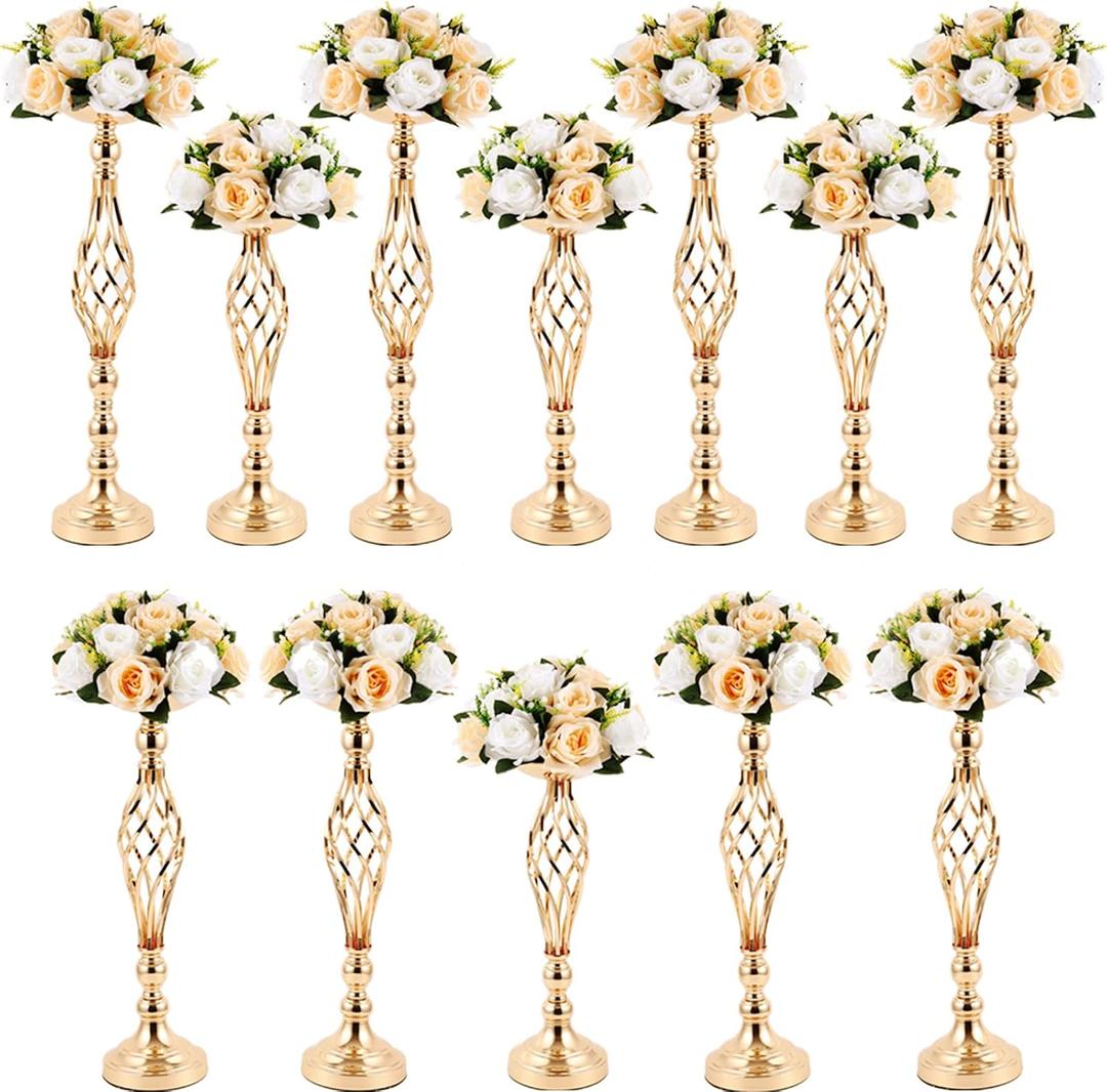 12 Pcs Metal Wedding Flower Stand Bulk Table Centerpieces, Tall Golden Flower Arrangement Vase Candle Holder Stand for Wedding Reception, Birthday, Party, Hotel Decor, Twist Style, 3 Sizes