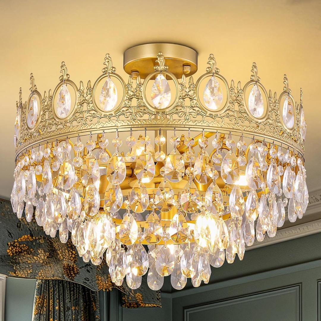 TOCHIC Flush Mount Ceiling Light Fixture, Modern Farmhouse Crystal Chandelier 6 Lights Gold Semi Flush Mount Ceiling Lighting for Bedroom, Dining Living Room, Kids Room, Foyer, 18 W