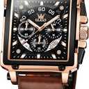 OLEVS Men's Rectangular Watches Black Dial Arabic Numerals Tank Watches for Men Brown Leather Band Fashion Sword Hands MultiFunction Quartz Watch Water Resistant Rose Gold Tone Men Watch with Date
