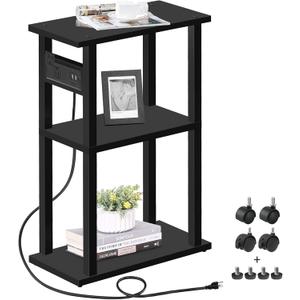 TUTOTAK Small Narrow Side Table with Charging Station, Skinny End Table for Small Spaces, Slim Nightstand with USB Ports and Outlet, Sofa Beside Table with Wheels, Black TB01BK046