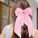Pink Satin Oversized Hair Bows with Long Tails - Metal Barrettes, Silky Ribbon Aesthetic Hair Accessories for Women and Girls