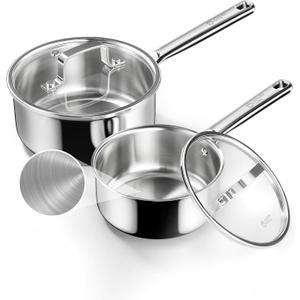 COOKER KING Sauce Pan Set, 1.5 QT & 2 QT Saucepan with Lid, Metal Utensils Safe, No Coating (PFAS/PFOA/PTFE Free), Dishwasher-Friendly, Oven-Safe Up to 900F, Induction Ready