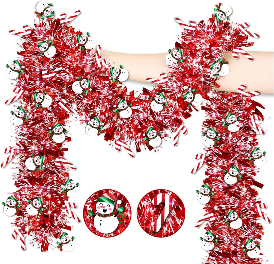 50 Ft Christmas Tinsel Garland Christmas Decorations with Snowman Candy Cane Red Metallic Christmas Garlands for Tree Decor Indoor Outdoor Christmas Party Decorations Home Mantle Fireplace