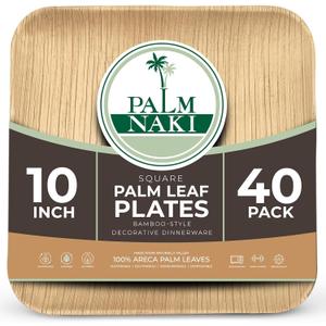 PALM NAKI Eco-Friendly Palm Leaf Plates - 10-Inch Square - Bamboo Style (40 Pack), Sustainable, Decorative & Compostable Tableware (10" Plates) (Natural)
