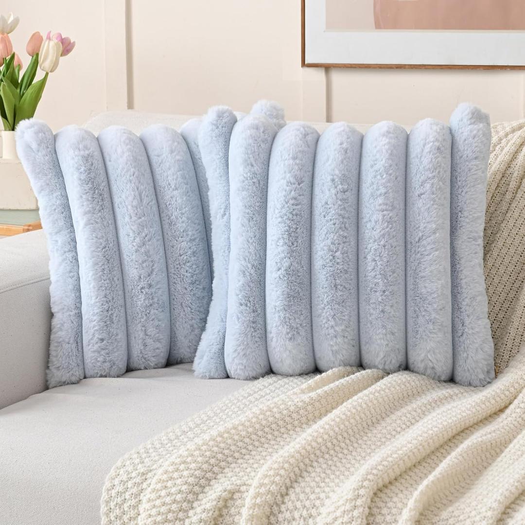 FUTEI Light Blue Decorative Throw Pillow Covers 18x18 Inch Set of 2, Square Soft Faux Rabbit Fur Big Striped Cushion Cover, Home Decor for Couch Sofa Bed Living Room