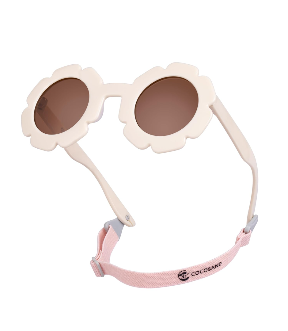 COCOSAND Toddler Sunglasses with Strap Polarized Lens Retro Flexible Flower Frame for Baby Kids Boys Girls Age 3-24 Months