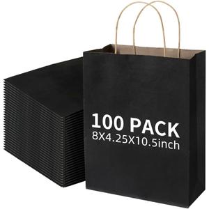 Klean & Conwenice Paper Gift Bags with Handles, 8x4.25x10.5 100Pcs Black Bags Bulk, Medium Size Kraft Paper Bags, Wedding Gift Bag, Goody Party Favor, Retail Merchandise, Grocery Shopping
