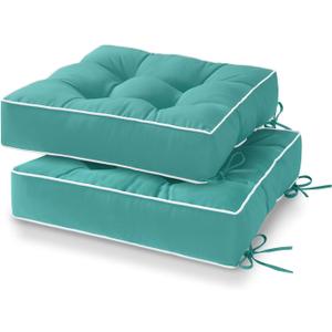 HARBOREST Outdoor Chair Cushions Set of 2, Tufted Patio Chair Cushions with Ties, Square Corner Outdoor Cushions for Patio Furniture, Lawn Chairs, Wicker Chairs, 17" x 17" x 5", Teal
