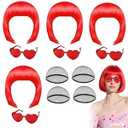 PLULON 4 Pcs Red Bob Wigs with Heart Plastic Sunglasses Hair Cap for Women, Neon Short Bob Wig Colored Funny Cosplay Hair for Women Men Daily Bachelorette Halloween Costume Party Decorations