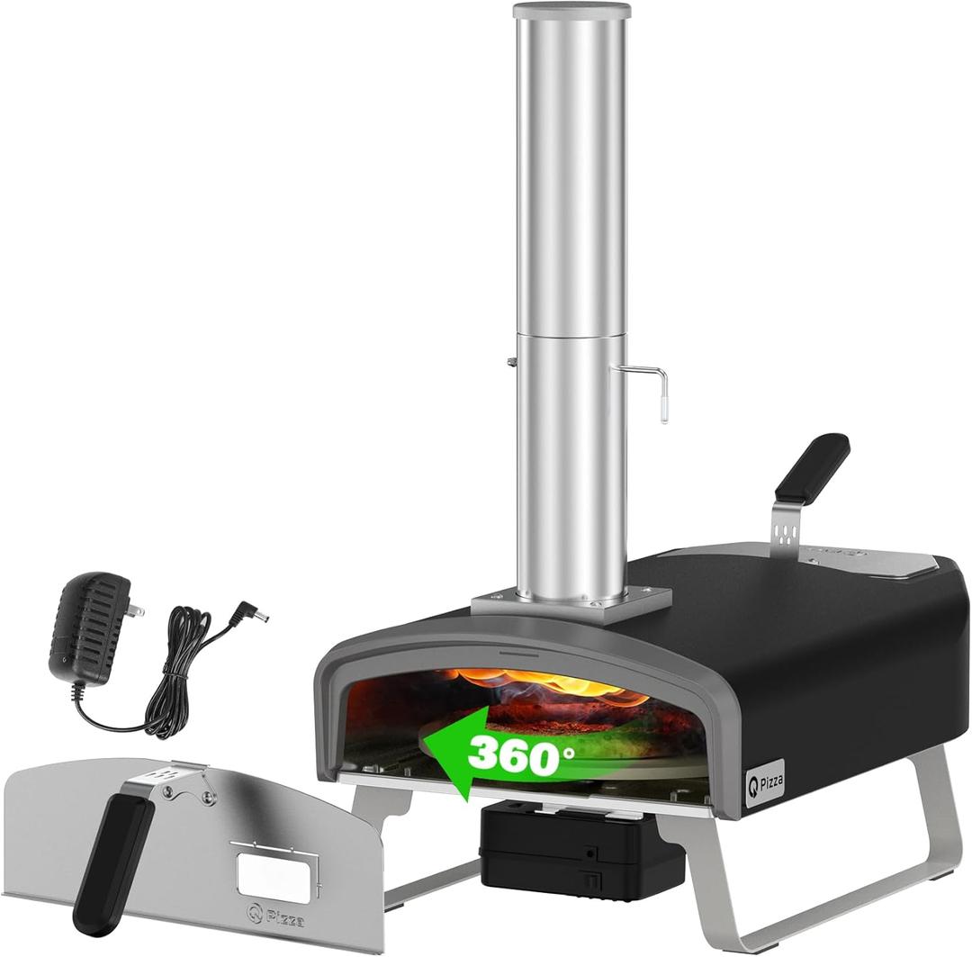 Q Pizza Wood Fire Pizza Oven with Rotatable Stone, Portable Wood/Charcoal Pizza Oven with Chimney and Door, Outdoor Pizza Stove for Backyard, Camping, Picnicking, RV, Tailgating, PS108