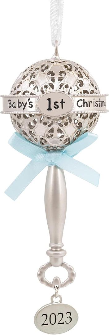 Hallmark Baby's First Christmas Silver Baby Rattle with Blue Ribbon 2023 Christmas Ornament, Premium Metal