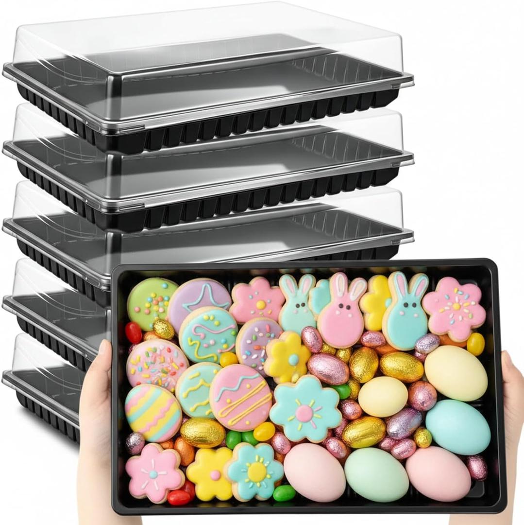 Shellwei 5 Pack Extra Large Easter & Spring Charcuterie Board with Lids, 15 x 10 Inch Plastic Catering Trays for Cookies, Desserts, Candy, Reusable Serving Platters for Travel Party (Black)