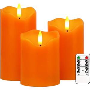 Flameless Candles Lights, Set of 3 Orange Flickering LED Candles with Remote & Timer, Dimmable LED Pillar Candles Battery Operated, Electric Candles for Fall Halloween Thanksgiving Decor (Orange)