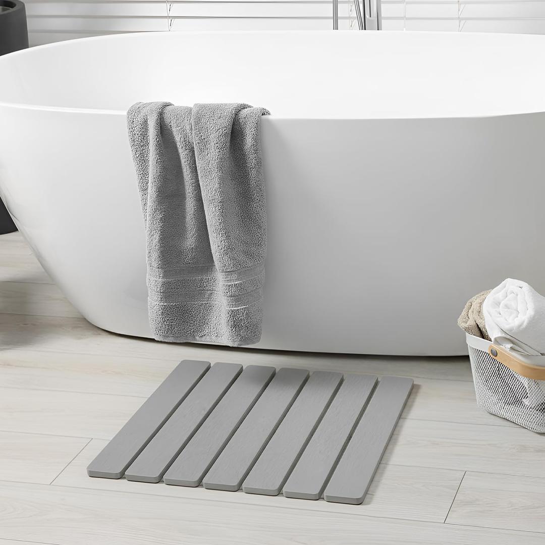 Meowoo Foldable Stone Bath Mat, 15.7"x11.8" Diatomaceous Earth Bath Mat, Non-Slip Quick Dry Bathroom Floor Mats, Super Absorbent, Easy to Clean, Stone Bathroom Floor Mats for Bathtub Front-Light Gray