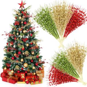 36 Bundles Green Red Gold Christmas Glitter Berry Stem Ornaments 16.9'' Fake Christmas Tree Picks Artificial Decorative Stems for DIY Vase Wreath Crafts Fireplace Wedding