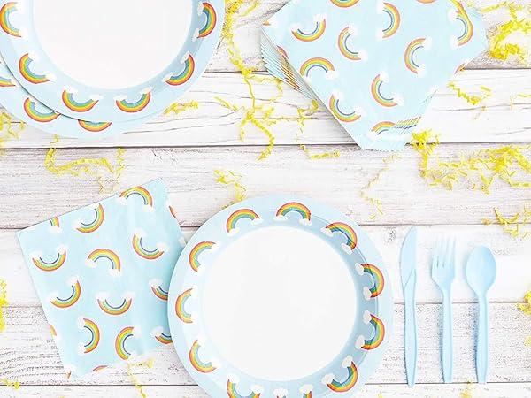 Blue Panda 144 PCS Rainbow Party Disposable Dinnerware Set - Plate, Cups, Napkins