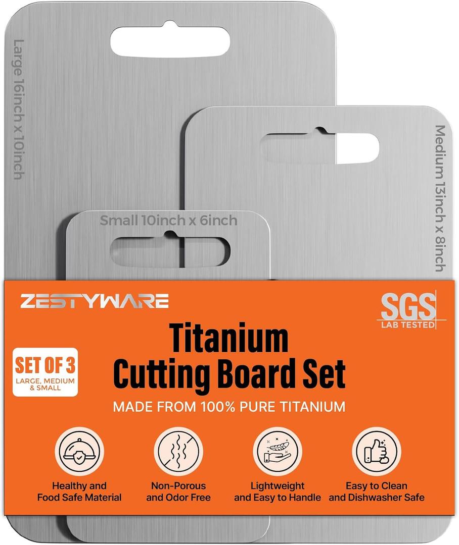 Titanium Cutting Board Set of 3, SGS Lab Tested, 100% Pure Titanium Cutting Boards for Kitchen, Double-Sided Chopping Board, Non-Toxic Material, Dishwasher & Food Grade Safe, Small, Medium and Large