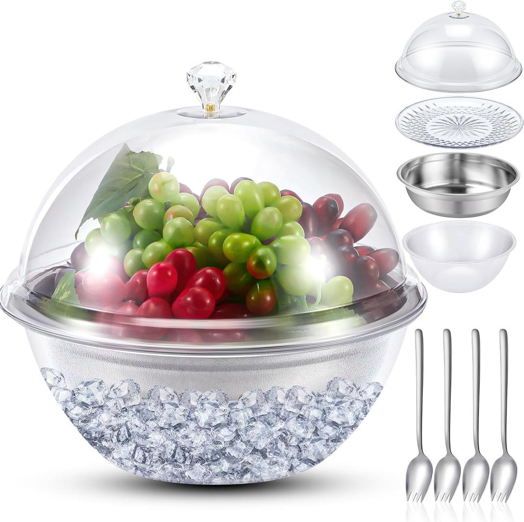 Iced Salad Bowl Large Chilled Serving Bowl 4 Tier Cold Serving Tray Dishes with Lids Veggie Platter with 4 Spoons for Party Buffet to Keep Fruit Food Potato Pasta Cold(30 cm)