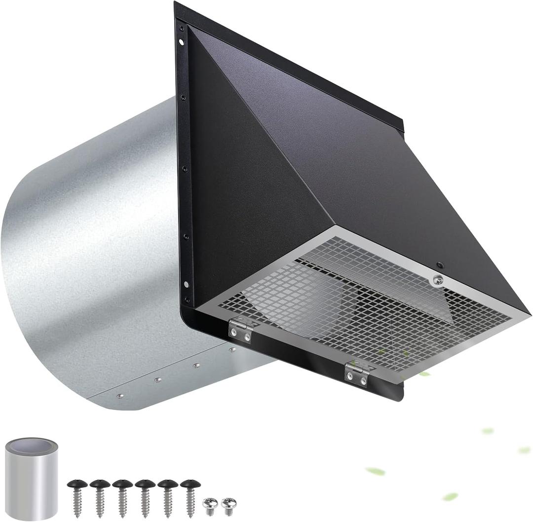 8 inch Hooded Wall Vent with Screen and Damper,Outdoor Wall Vent Cover Exhaust Vent Duct Cap,8" Exterior Vent Cover for Kitchen Range Hood Bathroom HVAC Duct Dryer Ventilation,Galvanized Steel,Black