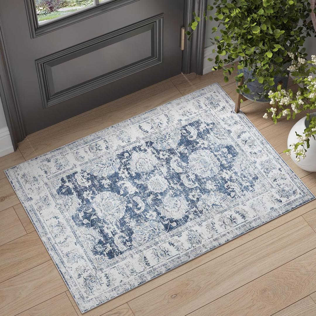 jinchan Fiora Floral 2x3 Rug for Entryway - Vintage Washable Area Rug Ultra-Thin Low Pile Soft Small Non Slip Distressed Indoor Door mat Accent for Entrance Kitchen Bathroom Bedroom (2x3ft, Dark Blue)