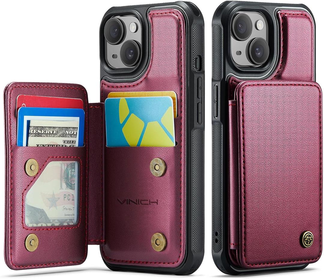 Vinich for iPhone 15 Wallet Case with Card Holder, RFID Blocking Credit Slots Kickstand Shockproof Phone Cover Fit for iPhone 15 6.1" Wine Red